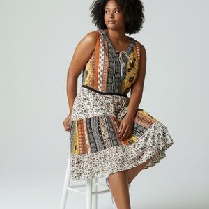 Maurices Boho Patchwork Tiered Midi Dress XL Cottagecore Festival Prairie